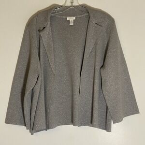 Chicos Cardigan Sweater Womens XL Silver Metallic Open Knit Collared Holiday Fun